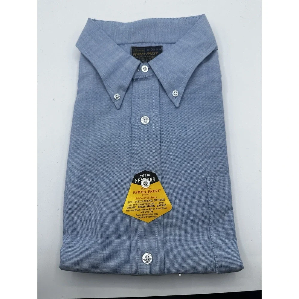 Vintage Sears Perma-Prest Oxford‎ Button Up Shirt Mens 17 XL Blue Deadstock NOS